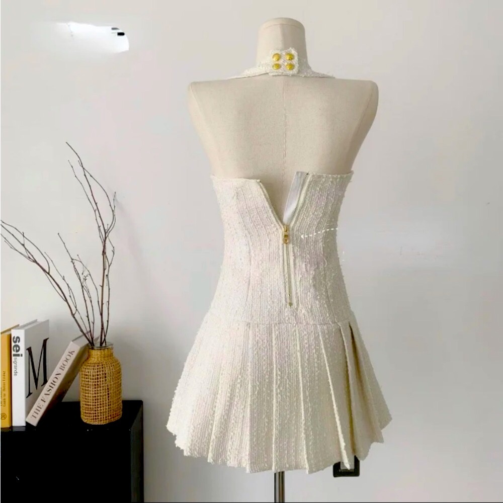 New Cream Tweed Gold Buttoned Zip Back Pleated Mi… - image 7